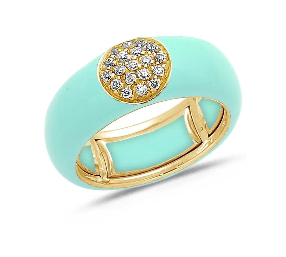 Yellow / Light Blue / Small (4.5-6) 18K Gold Enamel Circle Pave Diamond Stretch Ring, 8.26 mm