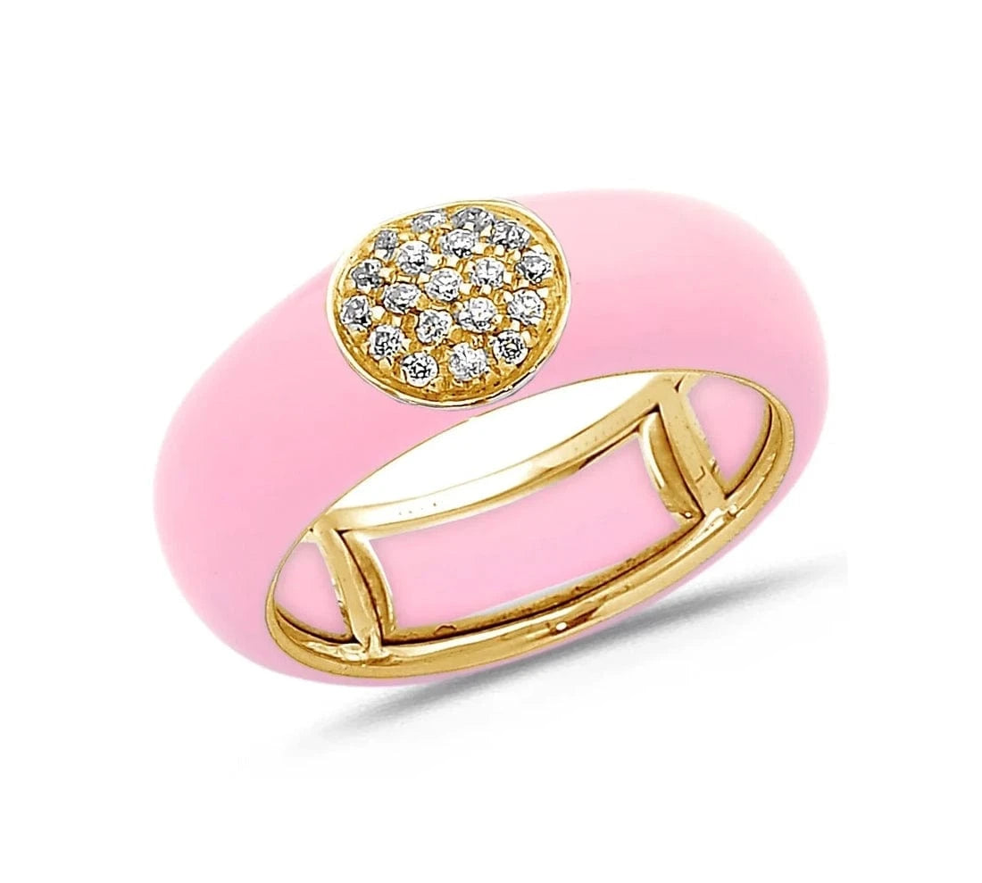 Yellow / Pink / Small (4.5-6) 18K Gold Enamel Circle Pave Diamond Stretch Ring, 8.26 mm