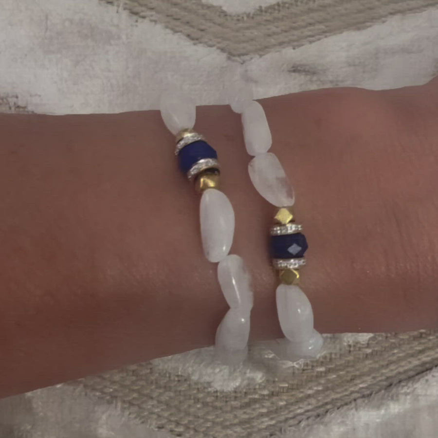 Moonstone, Lapis, 18K Gold Beaded, & Diamond Bracelet