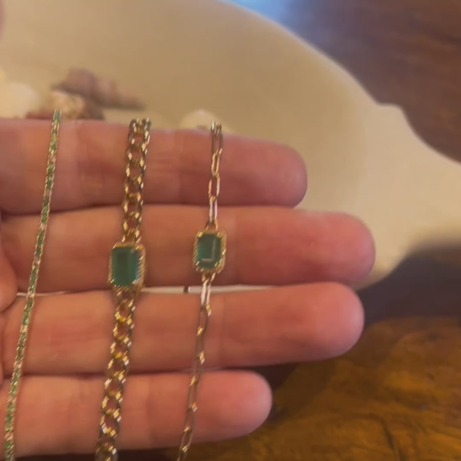 14K Gold Emerald and Diamond Paper Clip Chain Bracelet