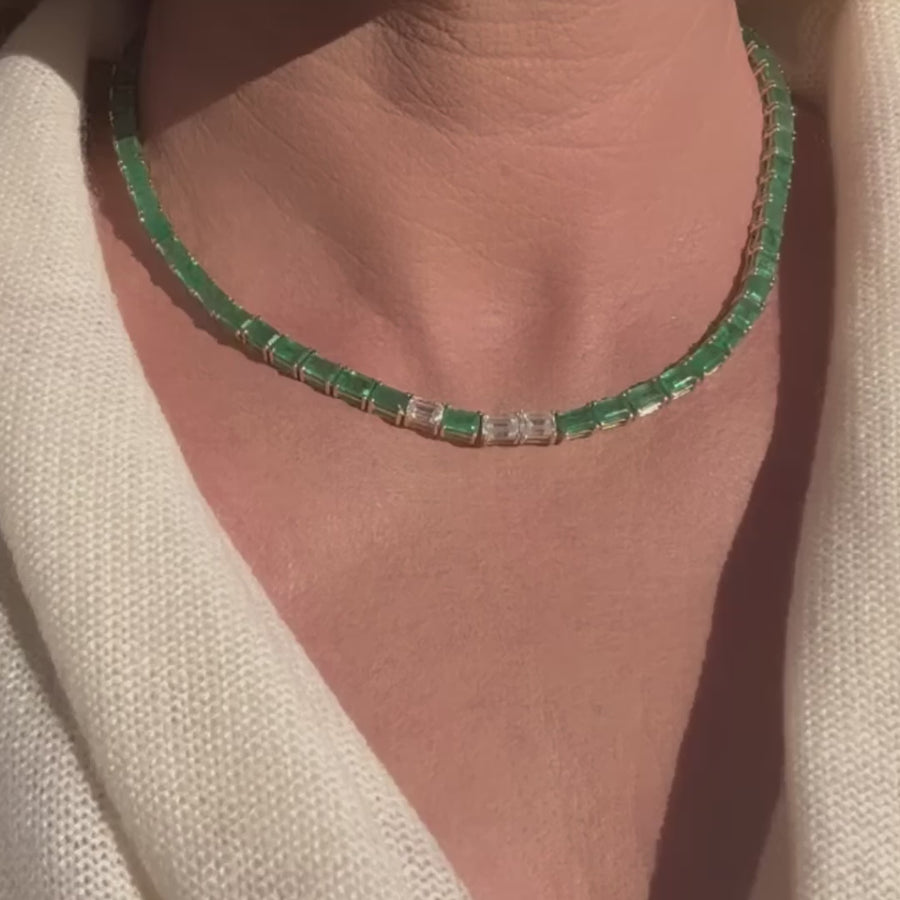 14K & 18K Gold East West Emerald & Diamond  Necklace